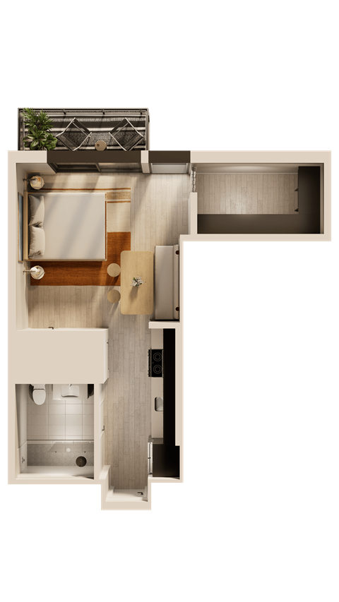 A cutaway view of a modern apartment layout.